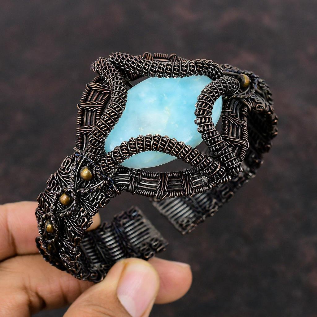 Браслет-манжета Larimar, медная проволока, ювелирные изделия, регулируемая манжета, браслет-манжета с драгоценными камнями, браслет-манжета из медной проволоки, браслет ручной работы, подарок для мамы