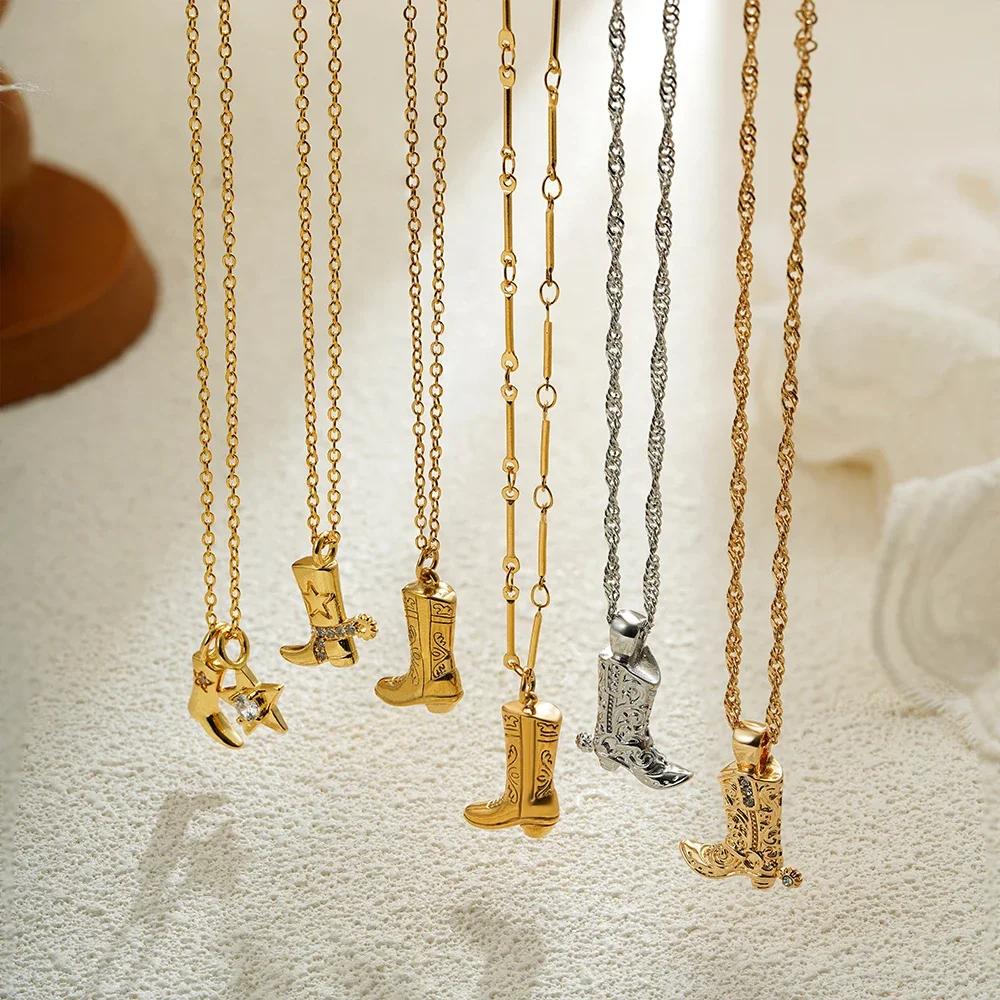 Stainless Steel Waterproof Cowboy Boot Choker Necklace Creative Cowgirl Hat Rhinestone Star Pendant Polished Gold Color Jewelry