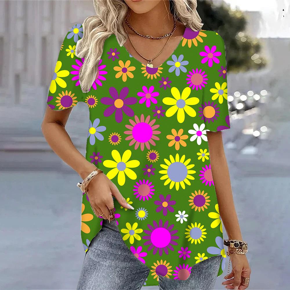 Весенняя винтажная женская футболка с v-образным вырезом и коротким рукавом для женщин, свободные топы, летние футболки с 3d принтом, женская одежда большого размера