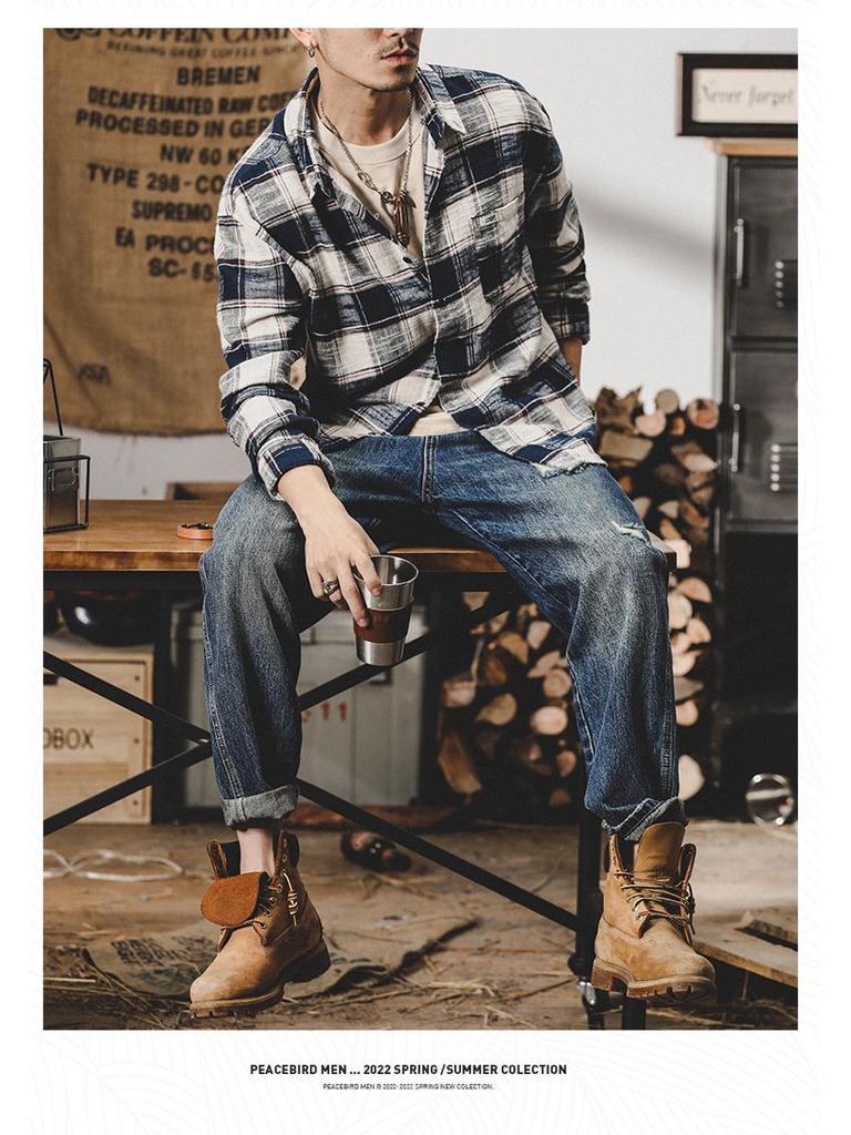 Мужская ретро рубашка в клетку свободного кроя: Тяжелая, с длинным рукавом, модная осенняя куртка в японском стиле