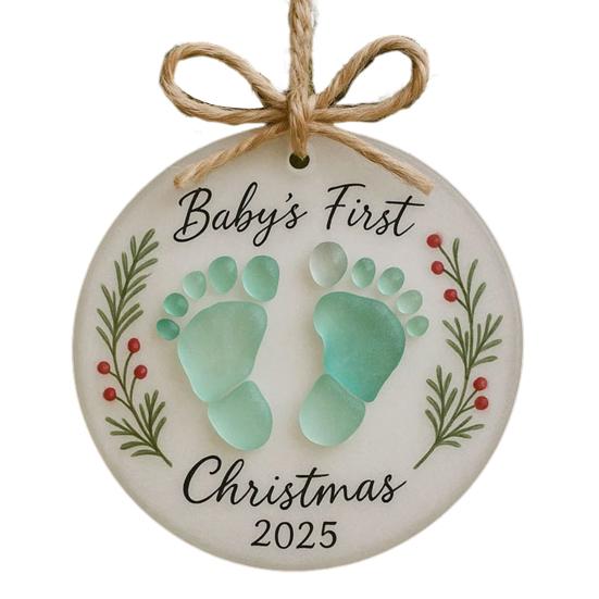 Baby's First Christmas Sea Glass Ornament Baby's Footprint Keepsake for Newborn Girl Boy Gift Coastal Christmas Tree Ornament for Home Decor