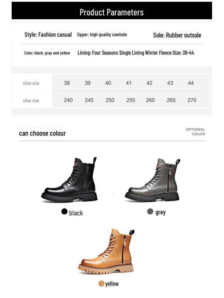 Мужские осенне-зимние желтые ботинки из натуральной кожи с толстой подошвой, боковой молнией и круглым носком — удобные, средней высоты, в стиле Martin.