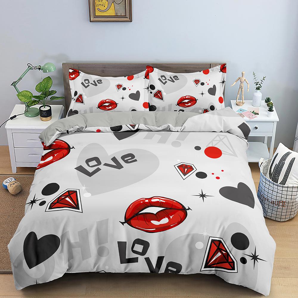 Kiss Sexy Lips King Queen Duvet Cover Red Mouth Bedding Set For Girl Modern Fashion Quilt Cover 2/3pcs Polyester Comforter Cover