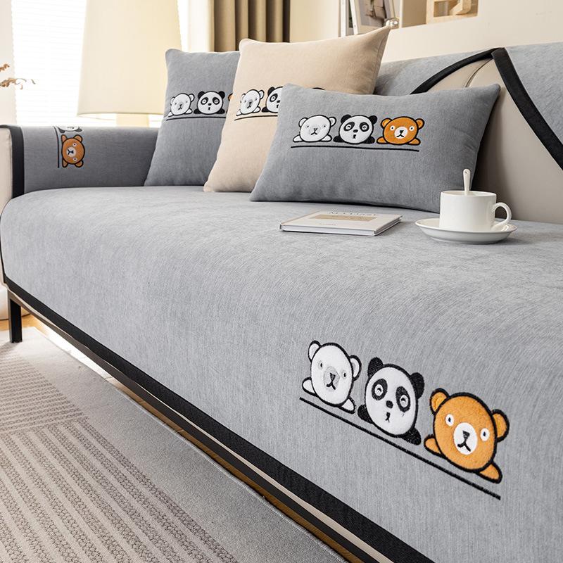 Cartoon Embroidery Sofa Cover Soft Chenille Solid Color Couch Cover Living Room Modern Simple Universal Non-slip Sofa Cushion