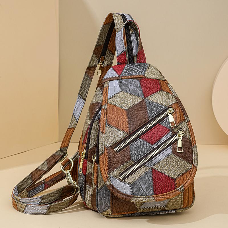Нагрудная сумка с цветными блоками, женский рюкзак из мягкой кожи, уличный дорожный рюкзак с двойной молнией
