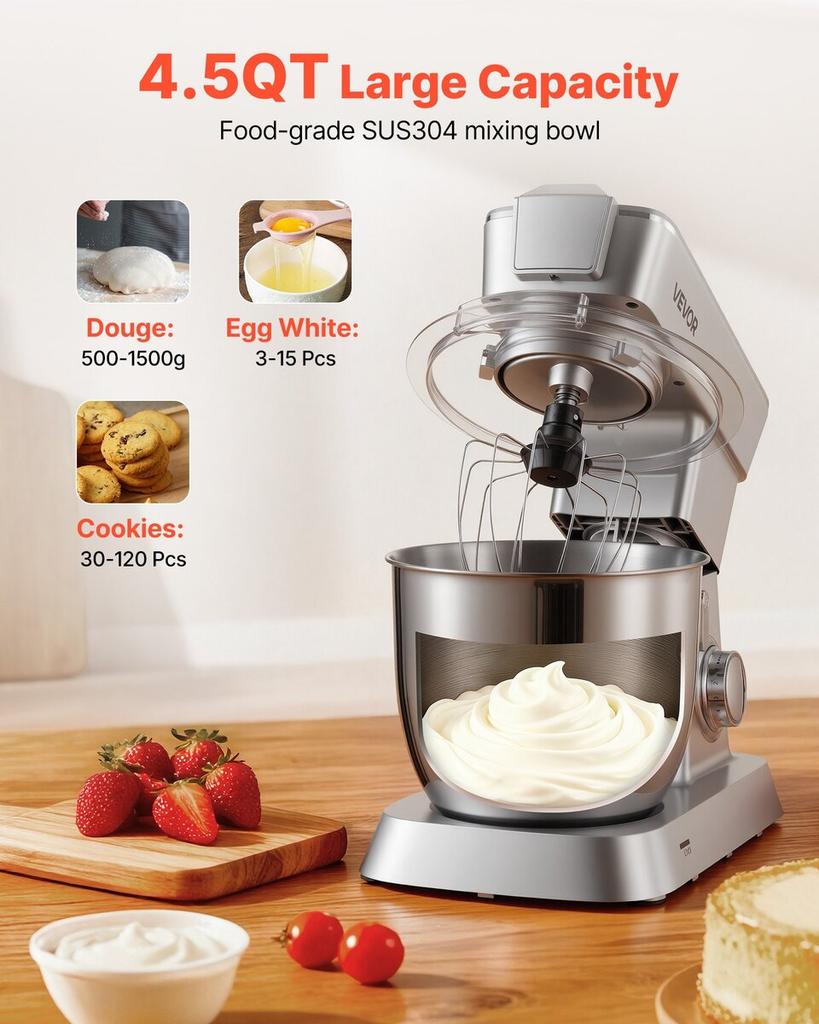 Stand Mixer, 4.3 L Electric Kitchen Mixer, 1300W Dough-Mixer, 6+P Speeds Tilt-head Food-Mixer with 1.5 L Blender Cup, Stainless Steel Bowl, Dough