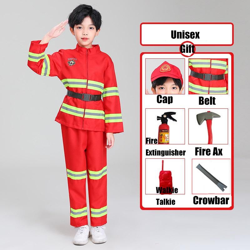 Детский костюм пожарного для переодевания, красный полиэстер, набор костюма пожарного с поясом и кепкой-уточкой