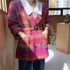 RUGOD Fashion Bright Pink Green Plaid Knit Suit Korean Elegant Notched Collar Belted Vintage Jacket Autumn Winter Women's Suits
