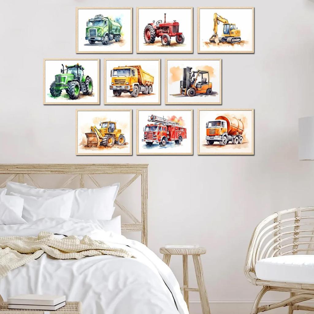TRAMIN 9 pcs Construction Room Decor For Boys - Toddler Boy Room Decor, Truck Wall Art For Kids Room, Car Pictures Wall Decor For Bedroom Playroom,