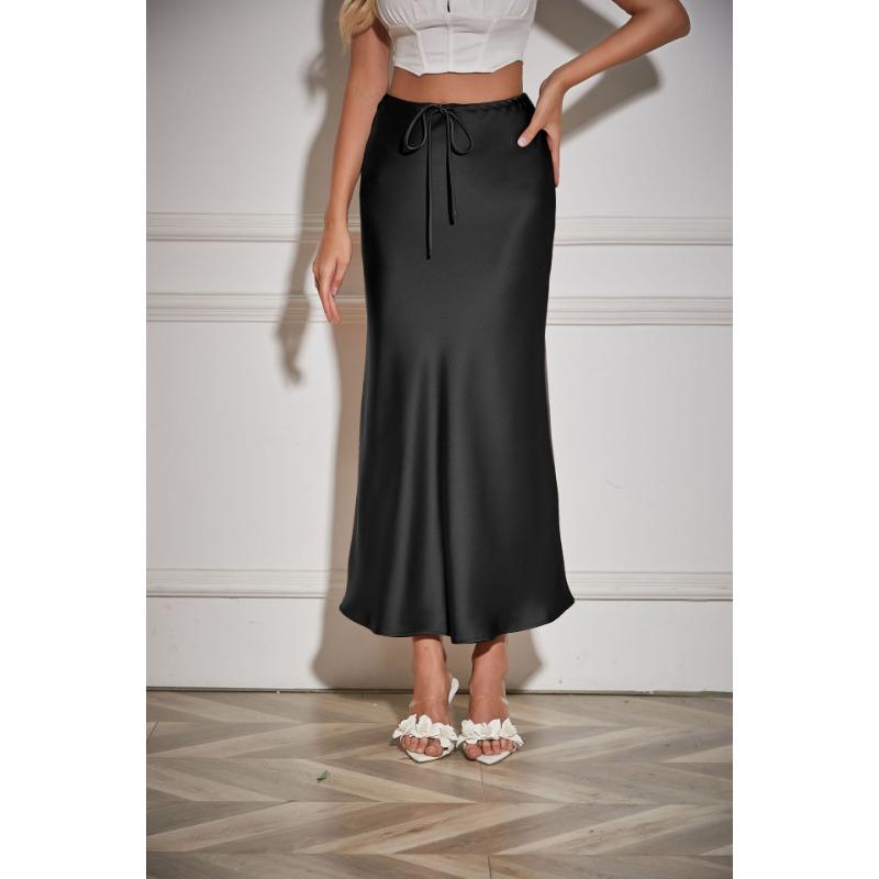 Satin High Waist Drawstring Tie Solid Color Halter Skirt
