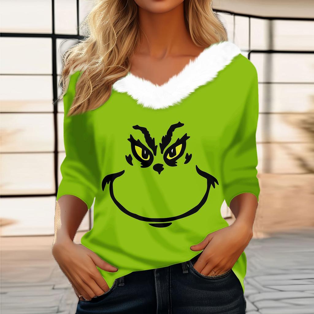 Women's T Shirt Tee Christmas Shirt Long Sleeve Party Christmas Fleece Collar V Neck  Top