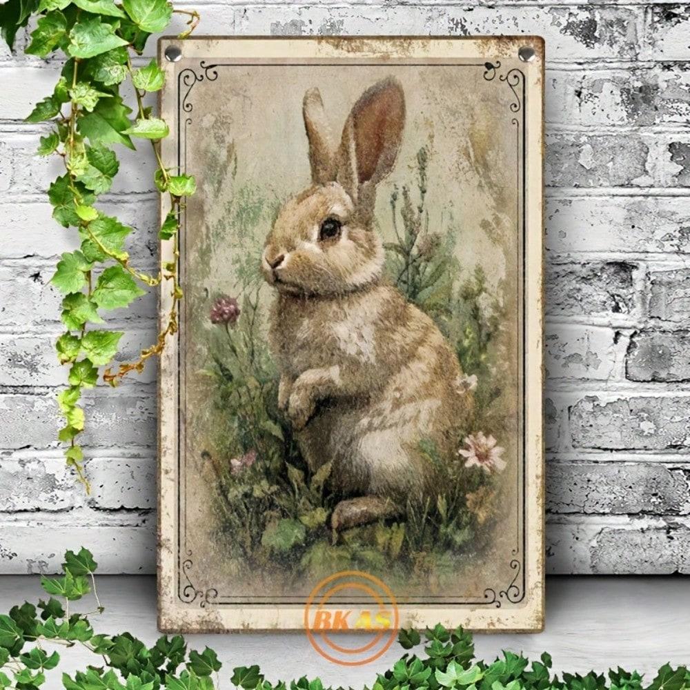 Vintage Easter Bunny Metal Tin Sign Rustic Floral Rabbit Farmhouse Decor Handmade Spring Home Wall Art Ornate Design
