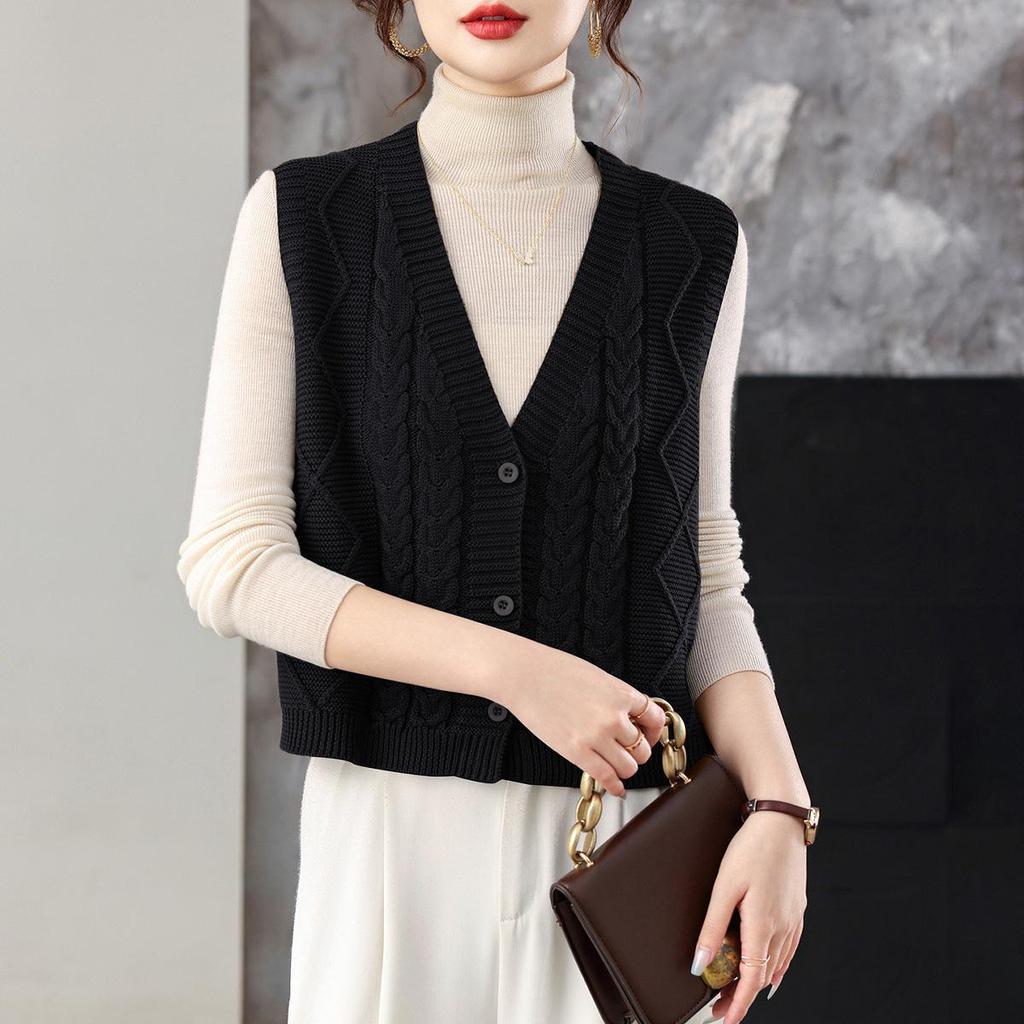 Women's Loose Wool V-Neck Sleeveless Sweater Vest for Autumn & Spring