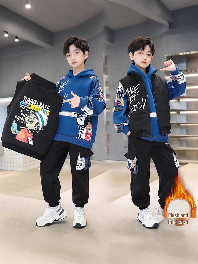 2025 Модный зимний комплект толстовки с флисовой подкладкой для мальчиков - Теплый, толстый, стильный трехпредметный для мальчиков