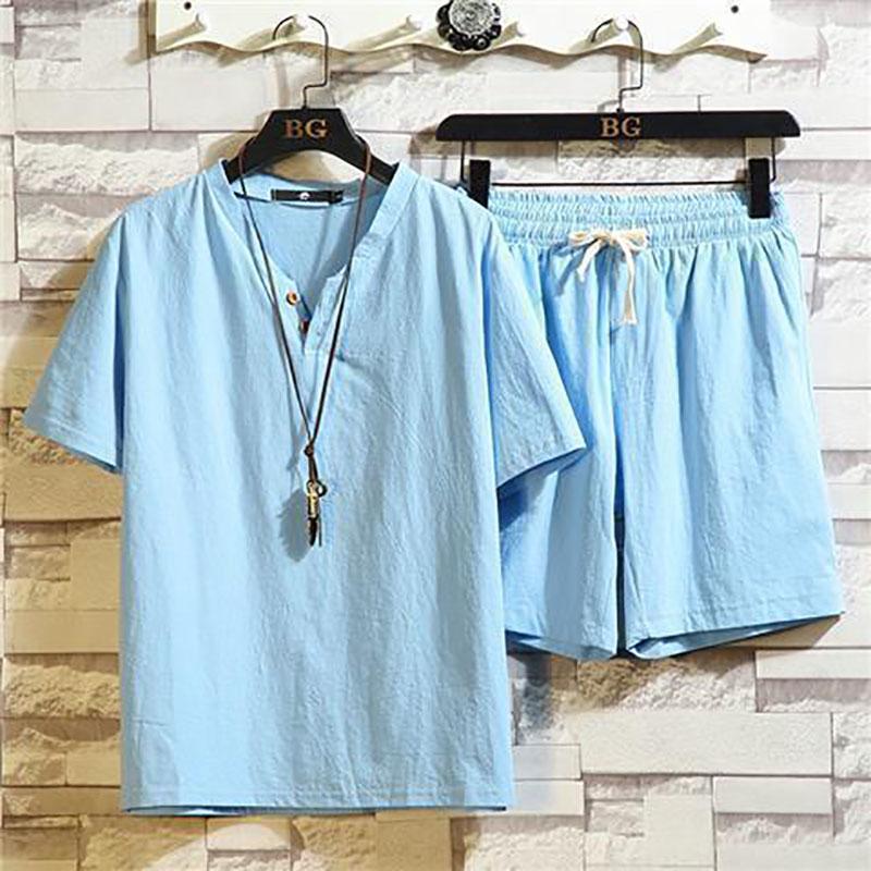 Мужской костюм из тонкого хлопкового льна с короткими рукавами, однотонный, модный, из льна, для отдыха, спорта, из двух частей, летний