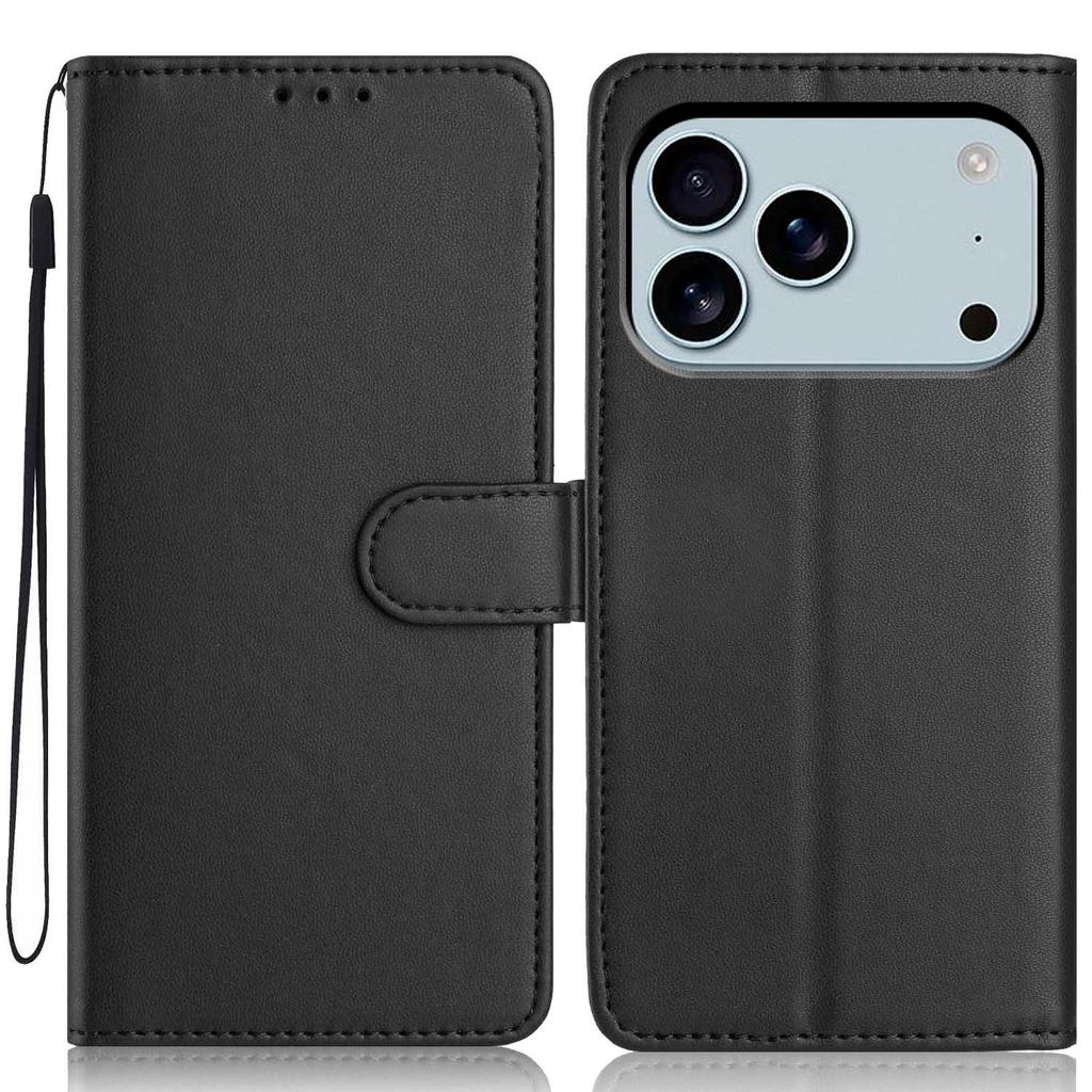 For iPhone 17 Pro Max Wallet Case with Strap/Multiple Card Slots Solid Color Leather Stand Phone Cover
