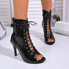 Foreign Trade Black Jazz Dance Special High Heels Women's Shoes Fish Mouth Sandals Lace-up Large Size Summer Women's Leather Boots