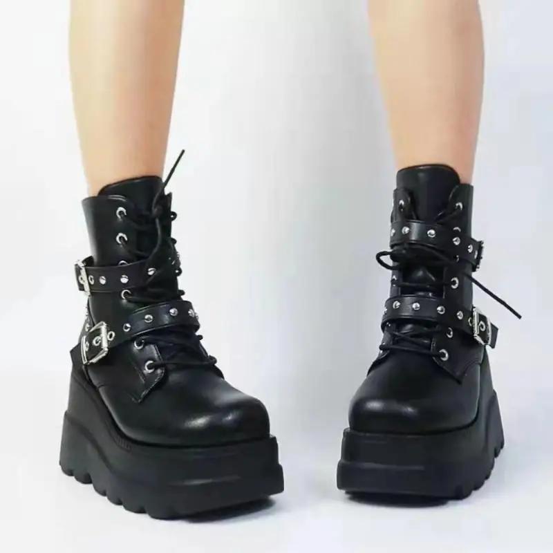 Fashion Chunky Platform Super High Heel Y2K Shoes Women 2025 Winter Gothic Thick Bottom Black Ankle Boots Punk Metal Rivet Buckle Shoes