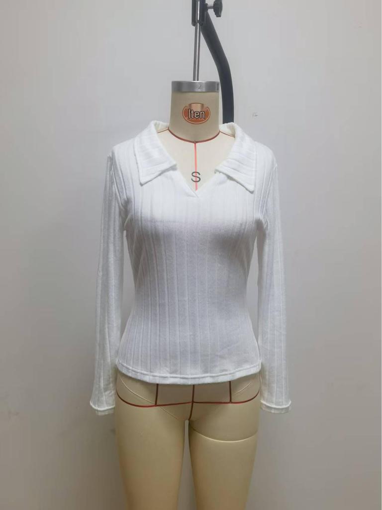 Женская однотонная приталенная футболка с V-образным вырезом и длинными рукавами в рубчик, осень-зима 2025.