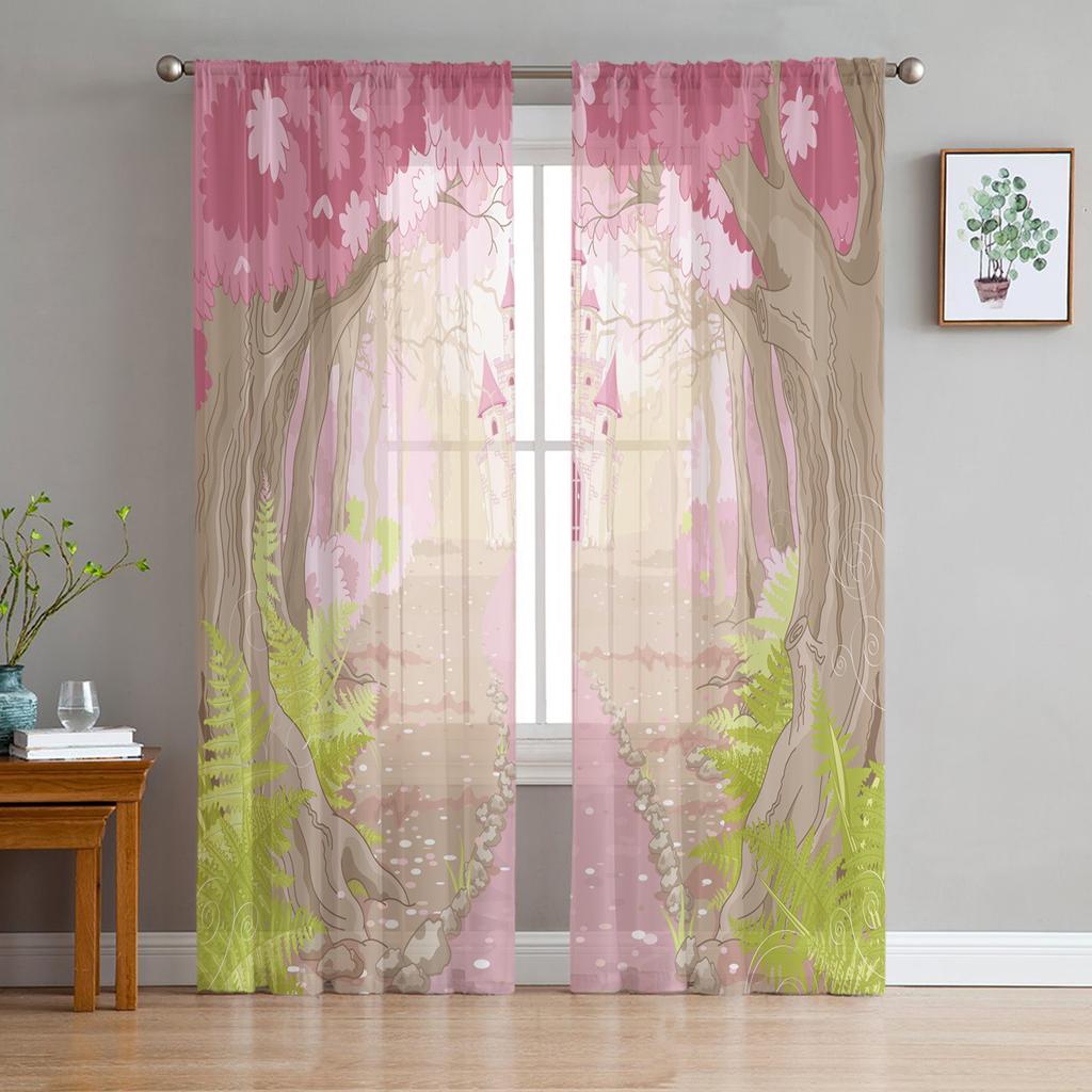 Розовый мультяшный замок, белые тюлевые прозрачные оконные шторы для гостиной, спальни, современные тюлевые вуали, шторы, украшение