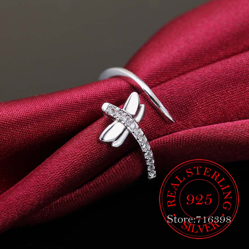 Retro Antique Crystal Dragonfly Finger Ring Real 925 Sterling Silver Thumb Rings for Women Ladies Fashion Bohemian Jewelry