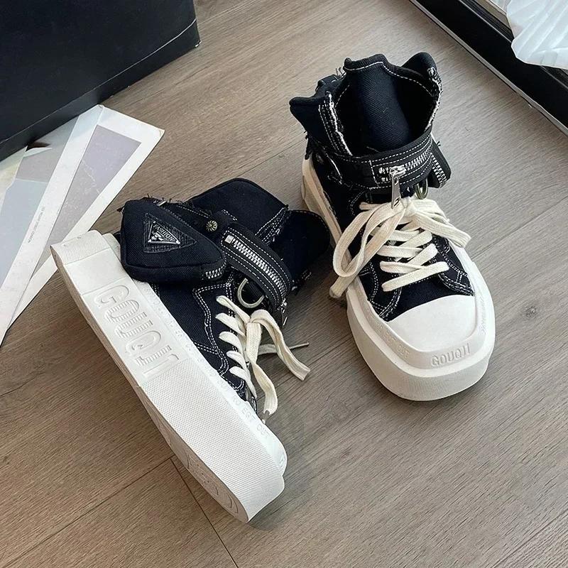 Весна Осень Новые женские ботильоны Модные ковбойские рыцарские сапоги Панк Готика Классические джинсовые парусиновые туфли Короткие готические туфли на платформе