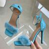 Liyke New Fashion Blue White Women Sandals Sexy Open Toe Furry Fur Summer Thin High -Heels Ladies Wedding Stripper Shoes Stiletto