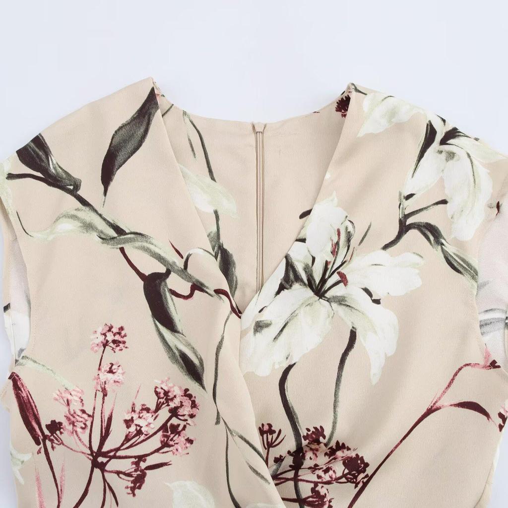 2025 Spring Women's Slimming Floral Print Silk Satin Midi Dress