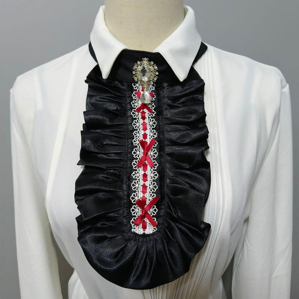 Victorians Colonial Ruffle Satins Jabot False Collar Crystal Necktie Medieval Costume Shirt Front Detachable Neck Collar