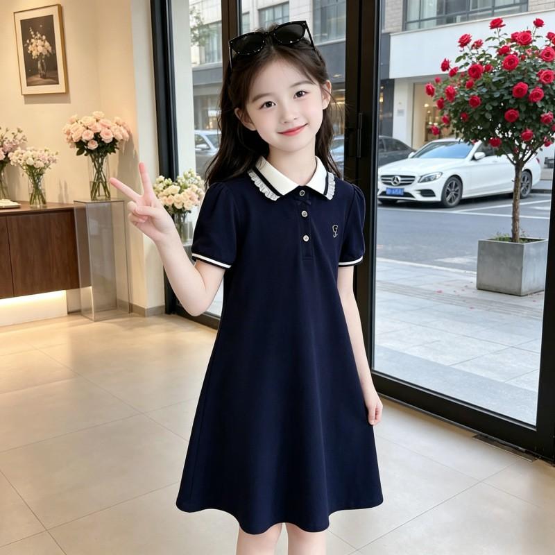 Girls Polo Collar Dress Kids Short Sleeve A-Line Princess School Style 8 Years Old