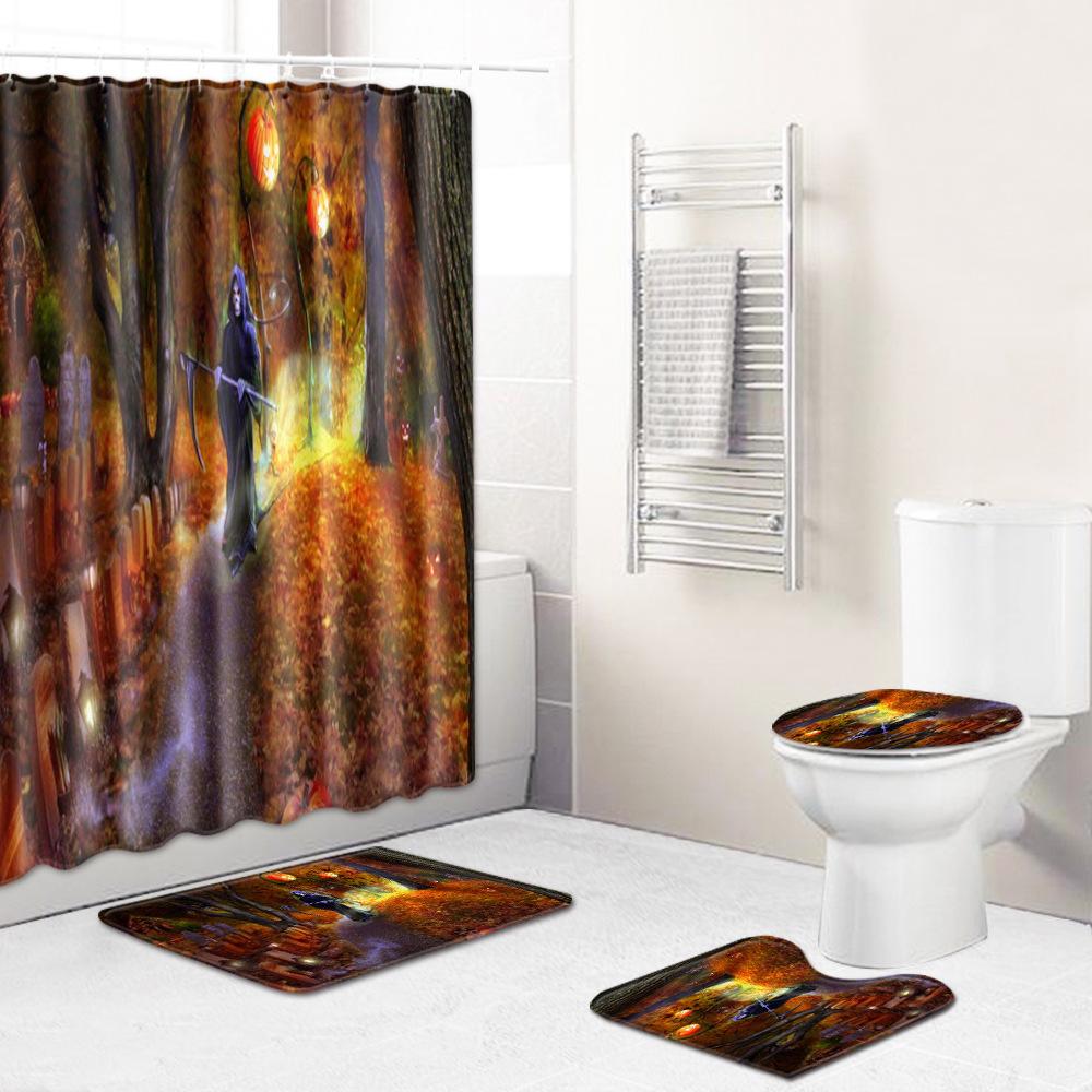 Halloween Series Bathroom Shower Curtain Floor Mat Toilet Cover Foot Mat Four-Piece Pattern Size
