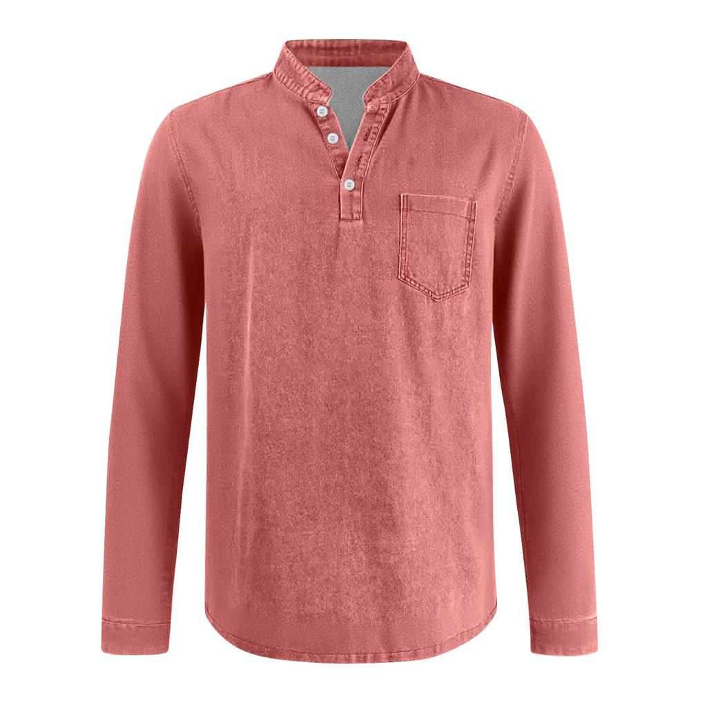 Мужская футболка-henley с длинным рукавом Винтажная стираная джинсовая повседневная топ на пуговицах с круглым вырезом свободного кроя Повседневная уличная одежда для мужчин