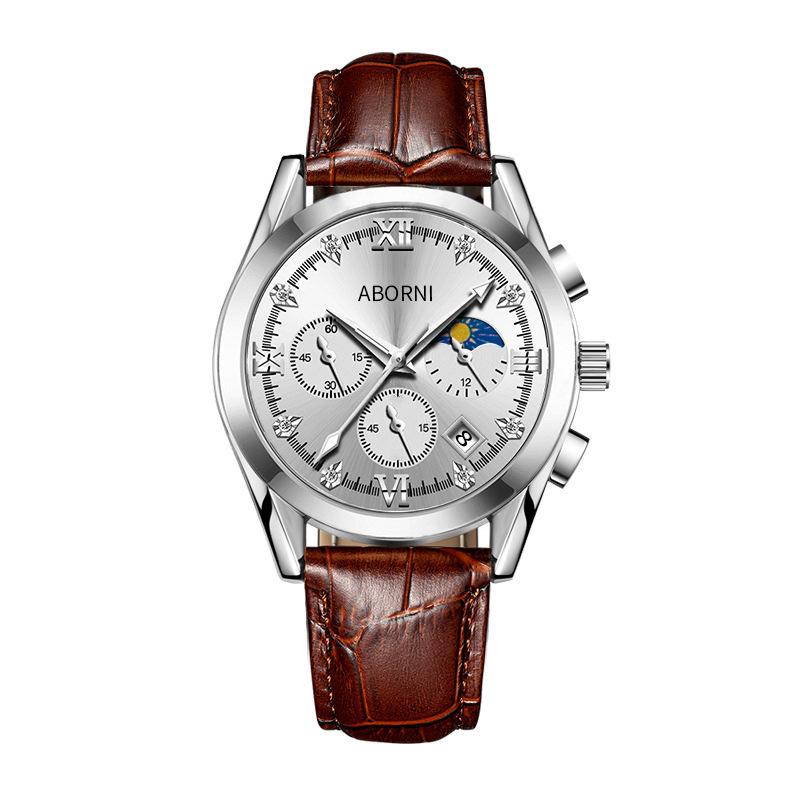 ABORNI Роскошные мужские наручные часы с хронографом, водонепроницаемые, светящиеся, мужские часы из кожи, высококачественные спортивные кварцевые часы для мужчин