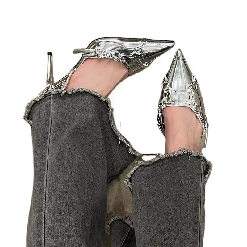 Модная обувь женская 2025 Слипоны Женские туфли на высоком каблуке Модные вечерние туфли-лодочки Женские с пряжкой Острый носок Неглубокие Тонкий каблук Уличная обувь Женская