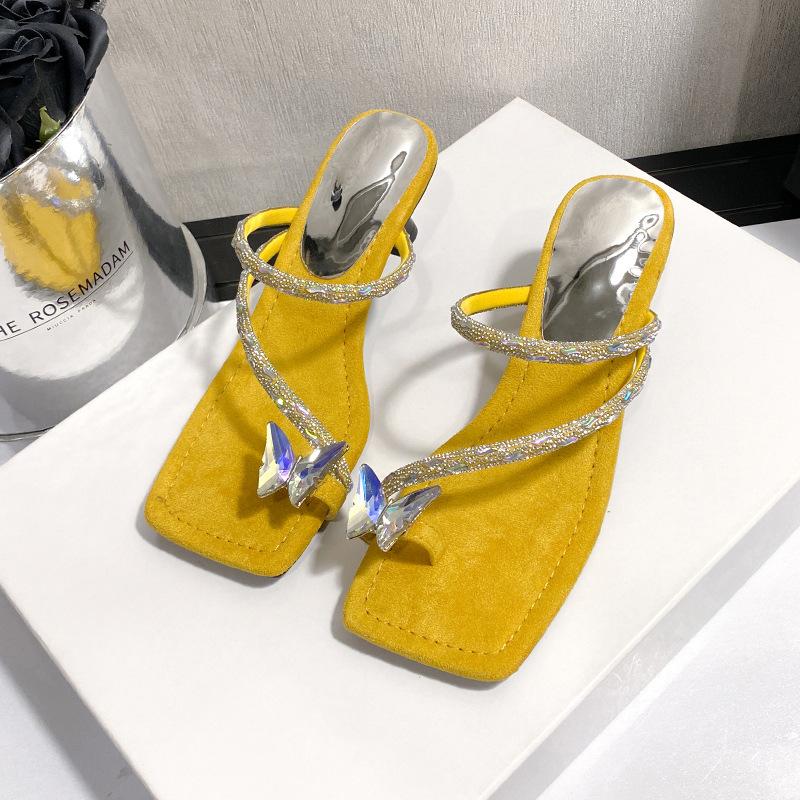 Rhinestone thin heel cover toe cool slippers women's 2025 summer new Korean version Internet celebrity bow fashion wear high heel slippers