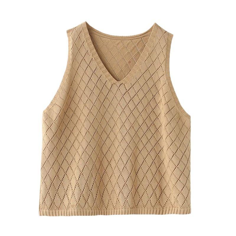 Women's Loose Knitted Vest Retro V-neck Plus Size Hollowed Out Vest Sweater for Women