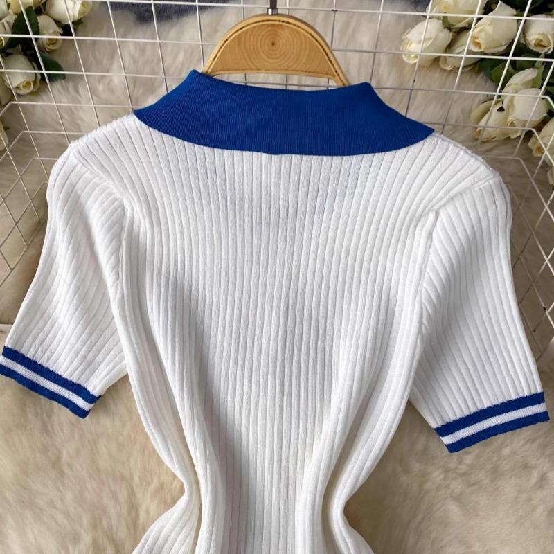 Sweet Two 2 Pieces College Set for Women Summer Sexy Polo Collar Short Sleeve Buttons Knit Top and Elastic Waist Mini Pleated Skirt Suits