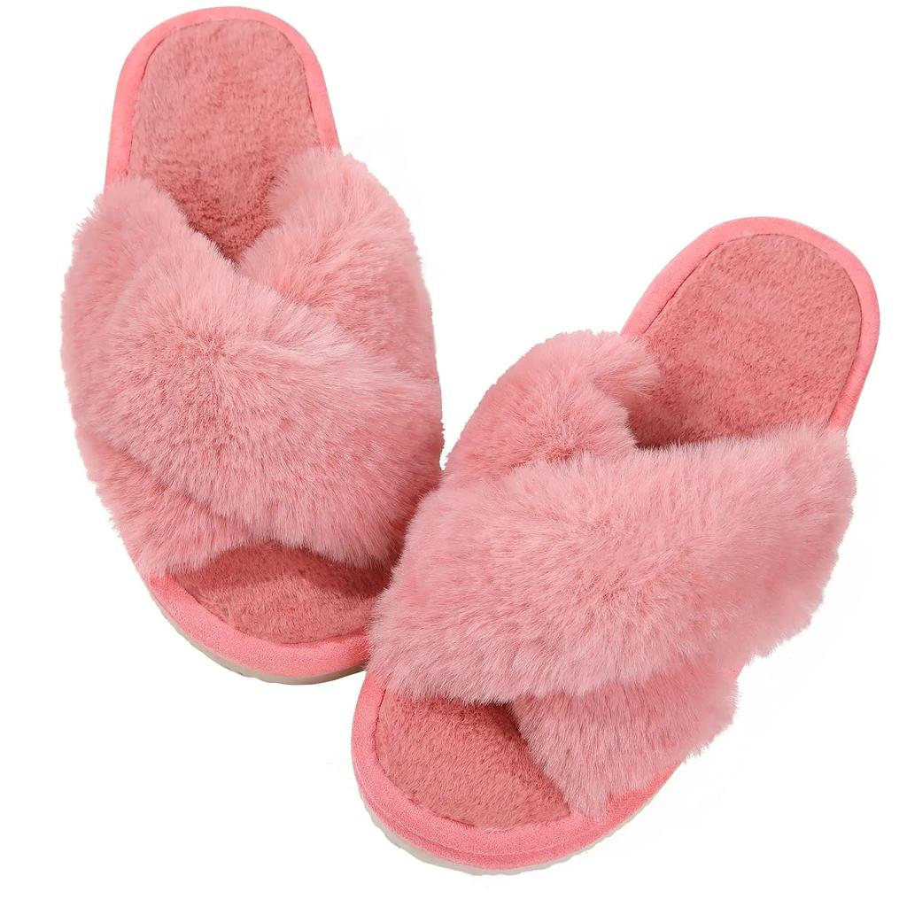 Comwarm Women's Cozy Fuzzy Slippers Open Toe Plush Cotton Flat Indoor Shoes Warm Comfortable Fluffy Slides for Home