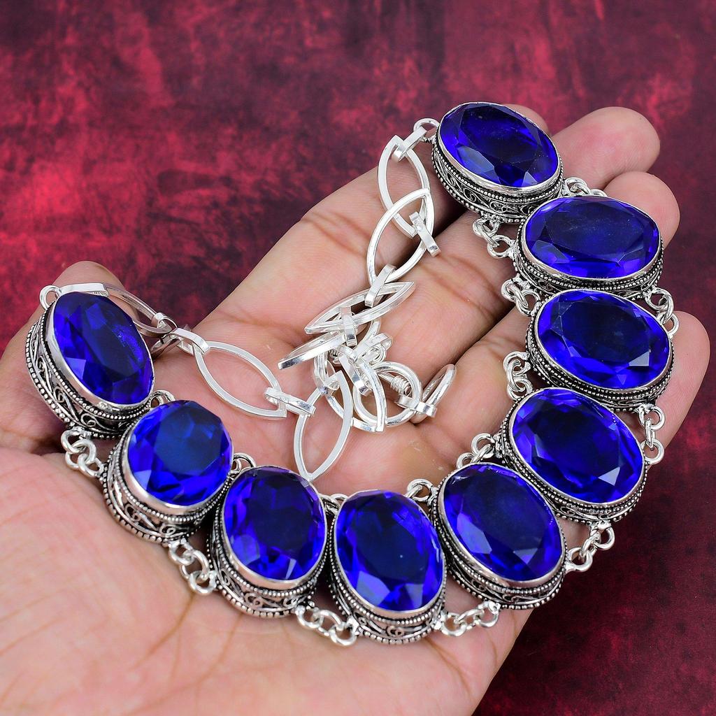 Ожерелье ручной работы с драгоценным камнем танзанит, браслет из цельного серебра 925 пробы, старинные ювелирные изделия, регулируемое ожерелье-цепочка и комплект ювелирных изделий из браслета