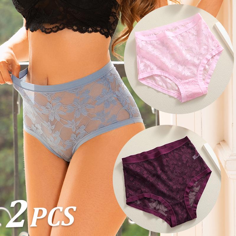 FINETOO 2Pcs Sexy Floral Lace Panties High Waist Lace Briefs Hollow Out See-Through Romantic Lingerie Fashionable Underpants Underwear