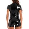 Womens Shiny Wet Look Patent Leather Cutout Bodysuit Zipper Front Short Sleeve Skinny Jumpsuit