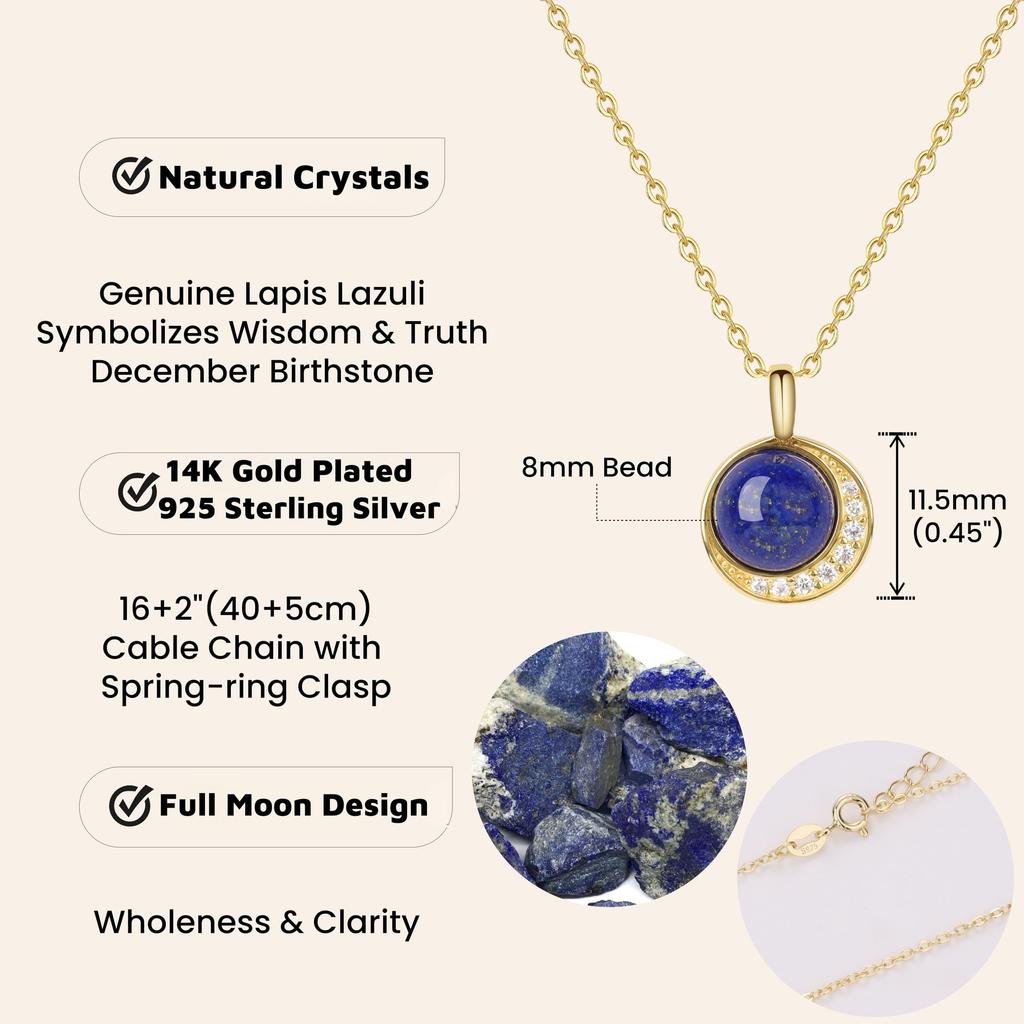 [KOAI] Lapis Lazuli Кулон-Луна, камень декабря, 14K Золото, Цепочка из Серебра 925, Женский