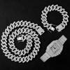 20mm Necklace +Watch +Bracelet Hip Hop Miami Curb Cuban Chain Iced Out Paved Rhinestones Cz Bling Rapper For Men Jewelry