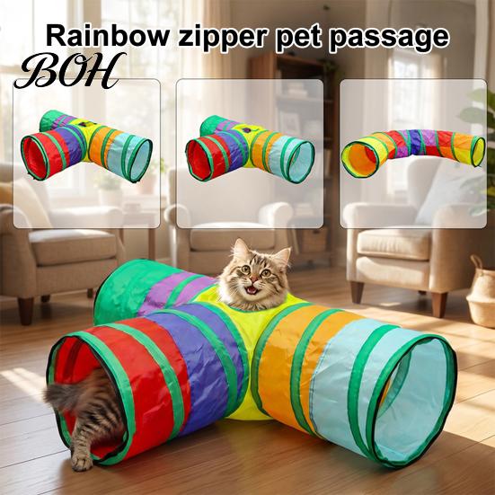 Safe Cat Toy Tunnel Rainbow Toy, Collapsible Hide with Peek Hole, Zippered Modular Tunnels, Can Be Freely Combined for Indoor Cats Kittens