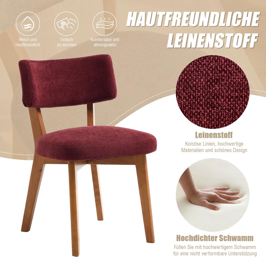 Modern Mid-Century Style Dining Chair Set of 2, Solid Wood Legs Fabric Upholstered Seat for Kitchen, Dining Room or Office (Bordeaux Red Linen Fabric)