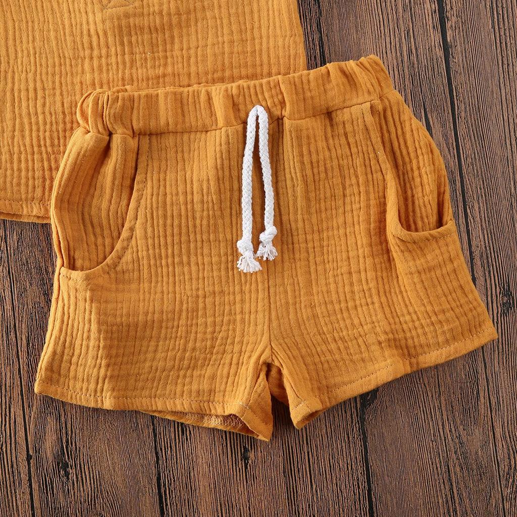 Baby Cute Shorts Set Solid Color Style Round Neck Short Sleeve Button Closure Top Breathable Elastic Breeches Suit