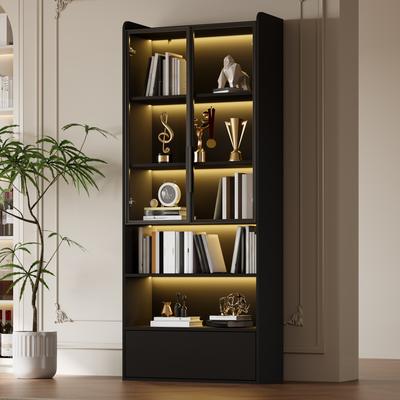80*34*180см Витрина, Высокий шкаф с 1 ящиком и стеклянными дверцами, LED, Открытая секция, Шкаф для гостиной, Черный