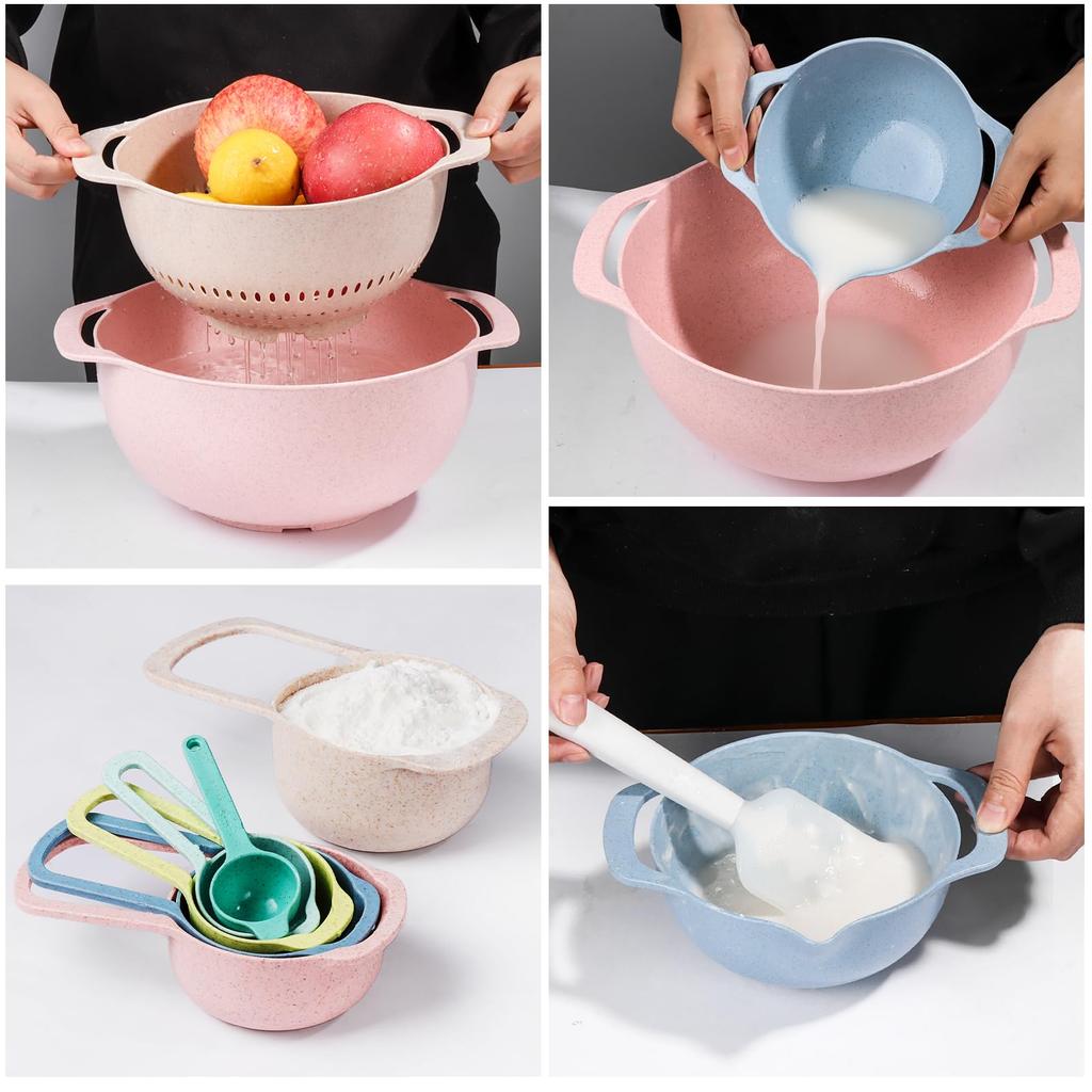 10 Pcs Plastic Mixing Bowls Set with Measuring Spoon Colorful Serving Bowls for Kitchen Ideal for Baking Prepping Nesting Bowls