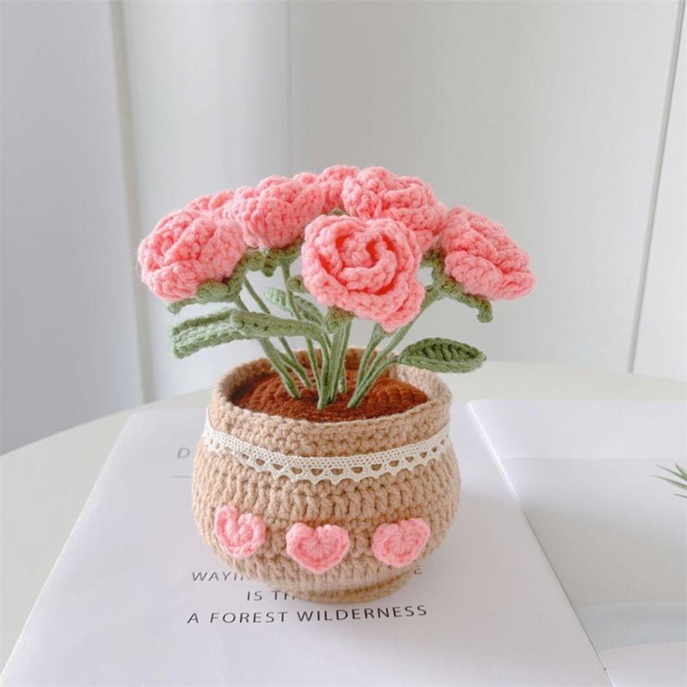 Handmade Woolen Yarn Flowers Crochet Knitting Kit No Finish Tulip Potted Flower Desktop Ornament