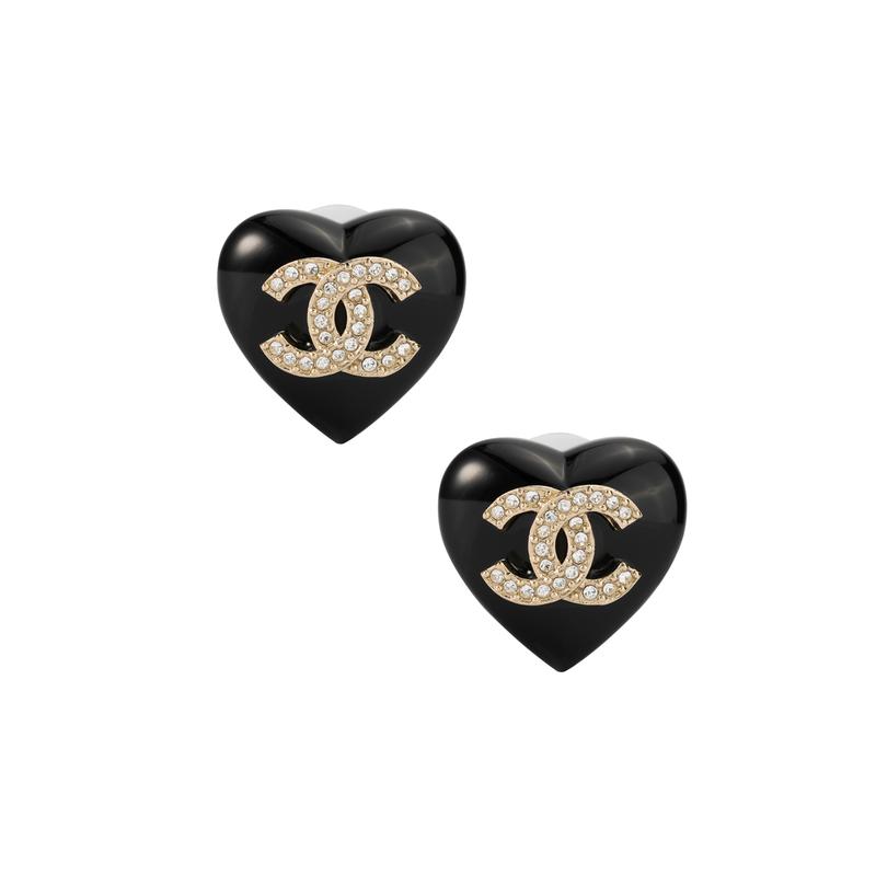 Chanel Классические серьги-гвоздики с двойным C и сердцем из сплава, женские, черные